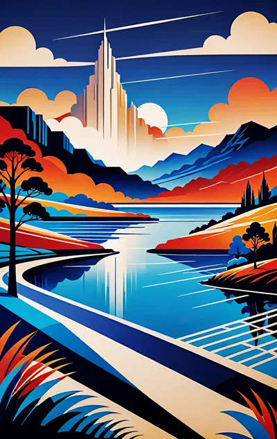 Stylized Digital Illustration Of A Futuristic Mountain City