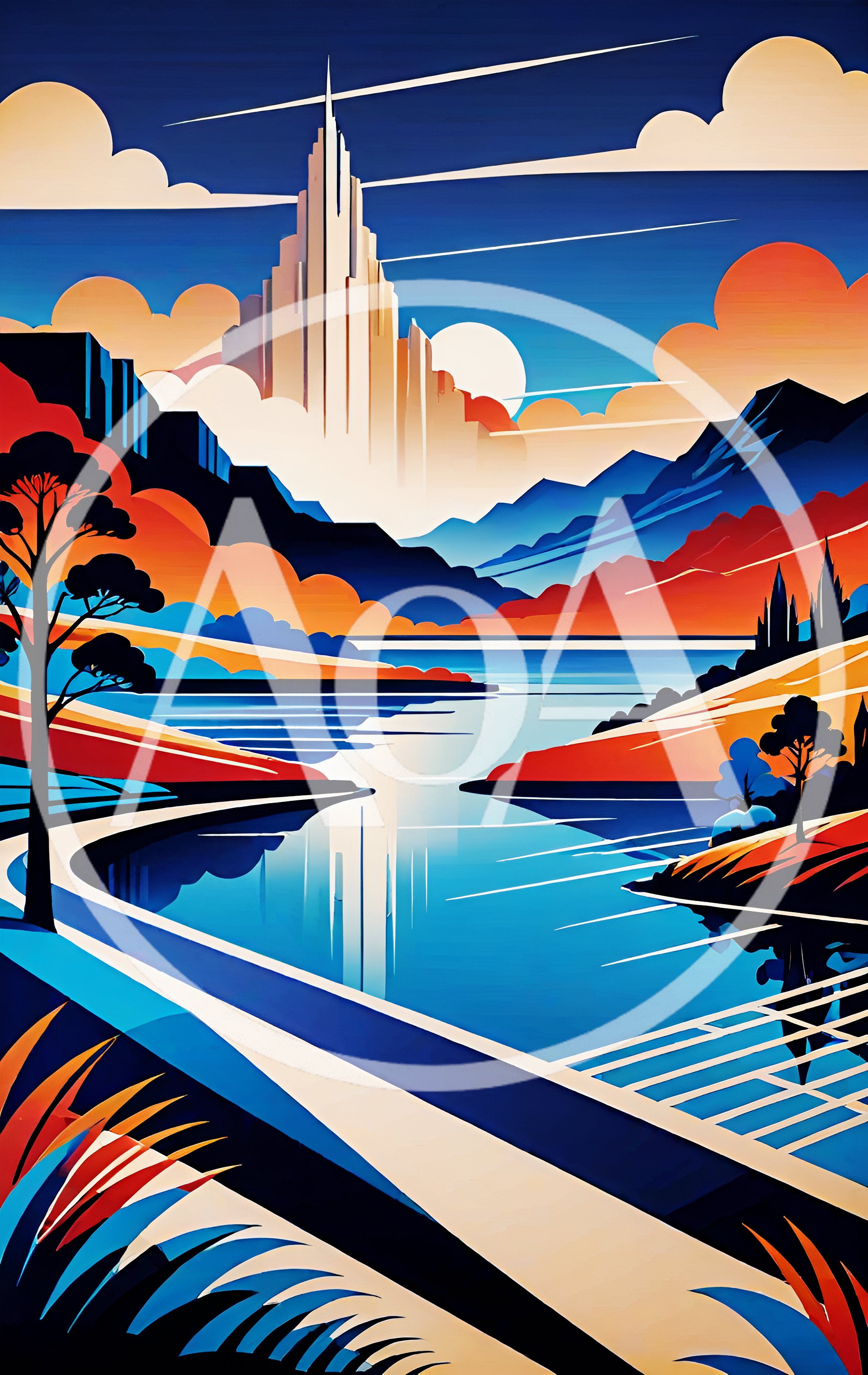Stylized Digital Illustration Of A Futuristic Mountain City