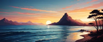 Serene Sunset Landscape Over Ocean And Mountains