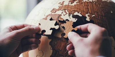 Hands Assembling Wooden World Map Puzzle