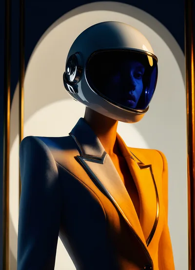 Futuristic Woman Wearing Astronaut Helmet and Tailored Blazer