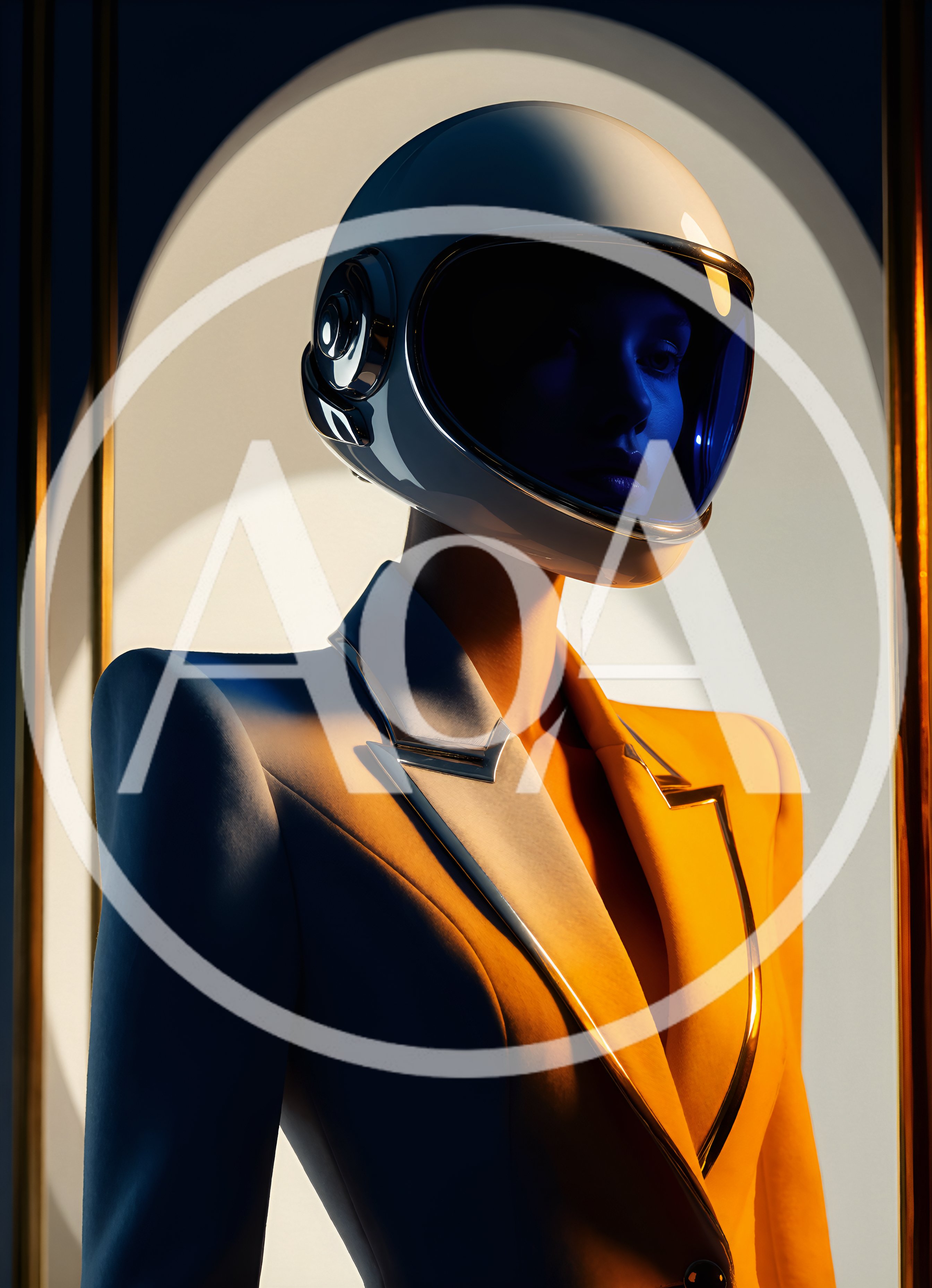 Futuristic Woman Wearing Astronaut Helmet and Tailored Blazer