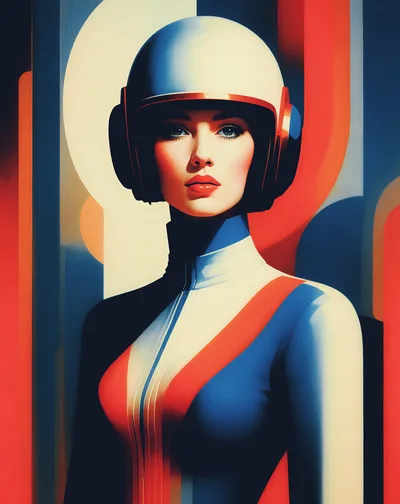 Retro Futuristic Woman Wearing A Vintage Racing Helmet