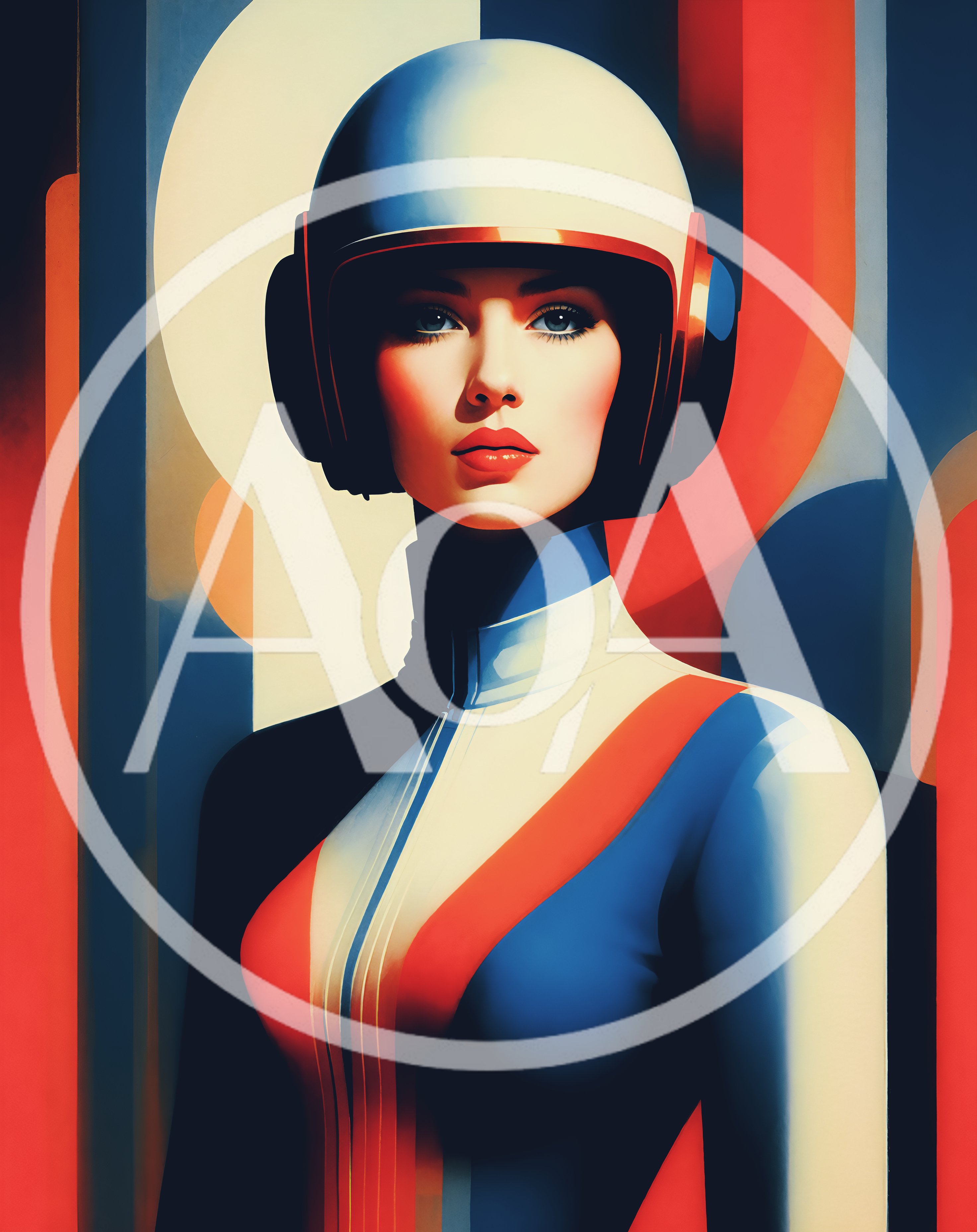 Retro Futuristic Woman Wearing A Vintage Racing Helmet