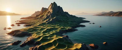 Surreal Coastal Landscape With Geometric Green Terrain