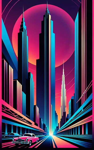 Retro Futuristic Cityscape With Pink Car