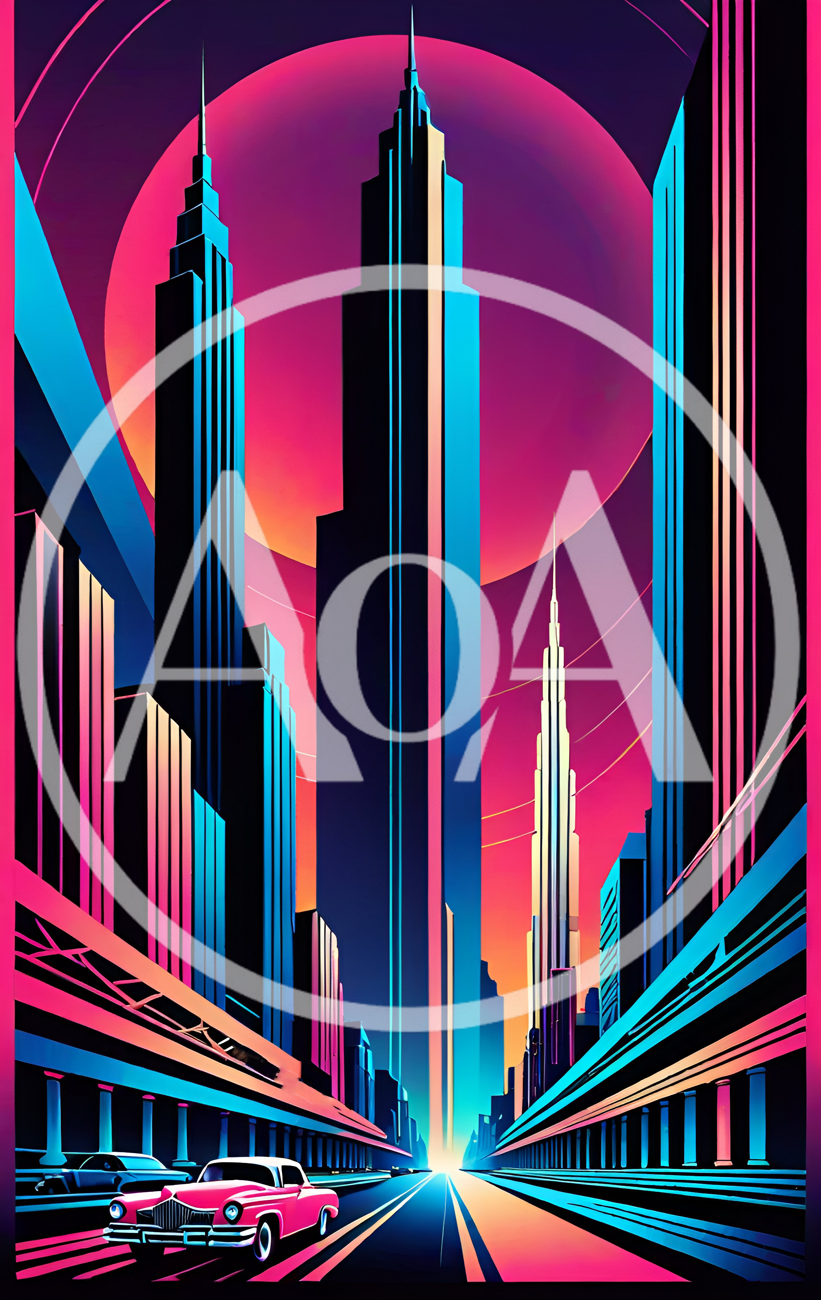 Retro Futuristic Cityscape With Pink Car