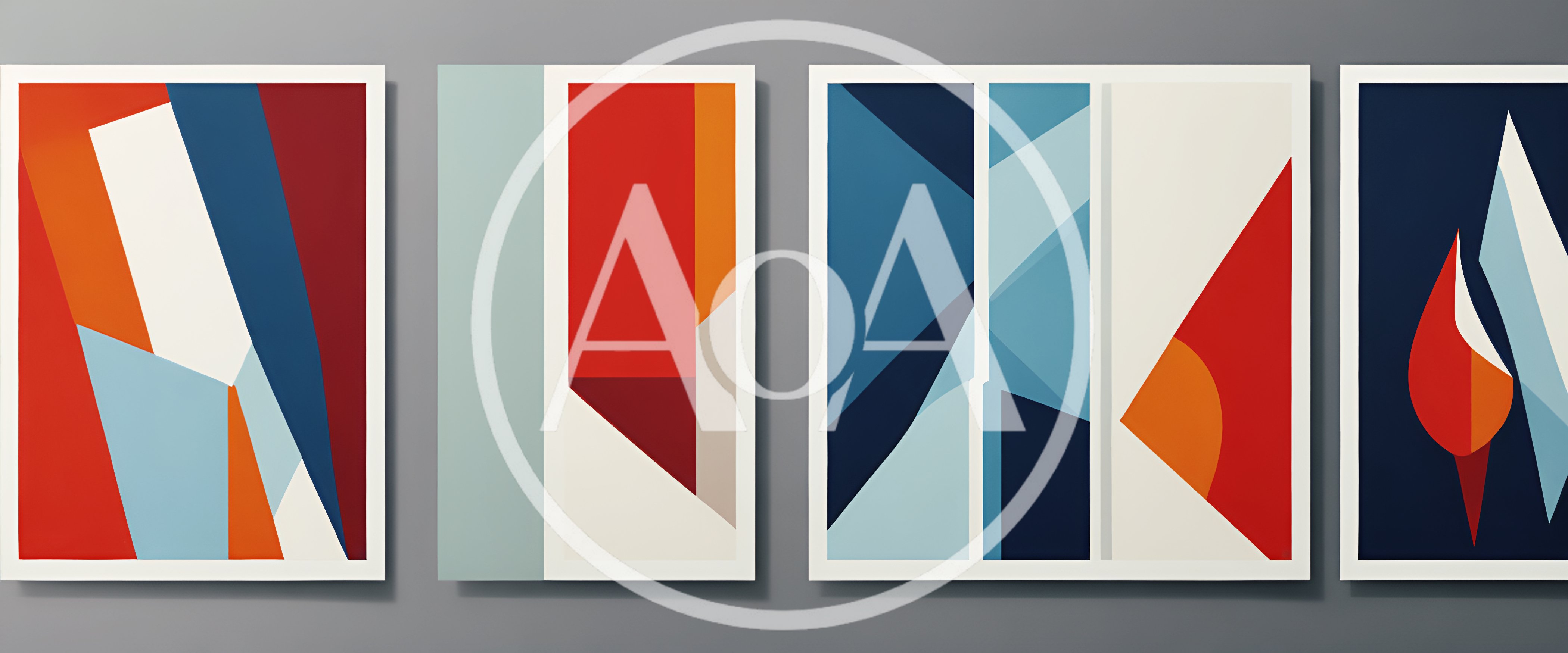 Four Abstract Geometric Art Prints On Gray Wall