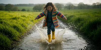 Young Girl Jumping in Muddy Puddle