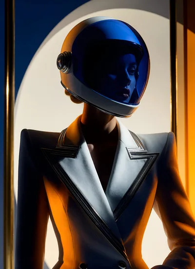 Futuristic Woman Wearing A White Space Helmet And Blazer