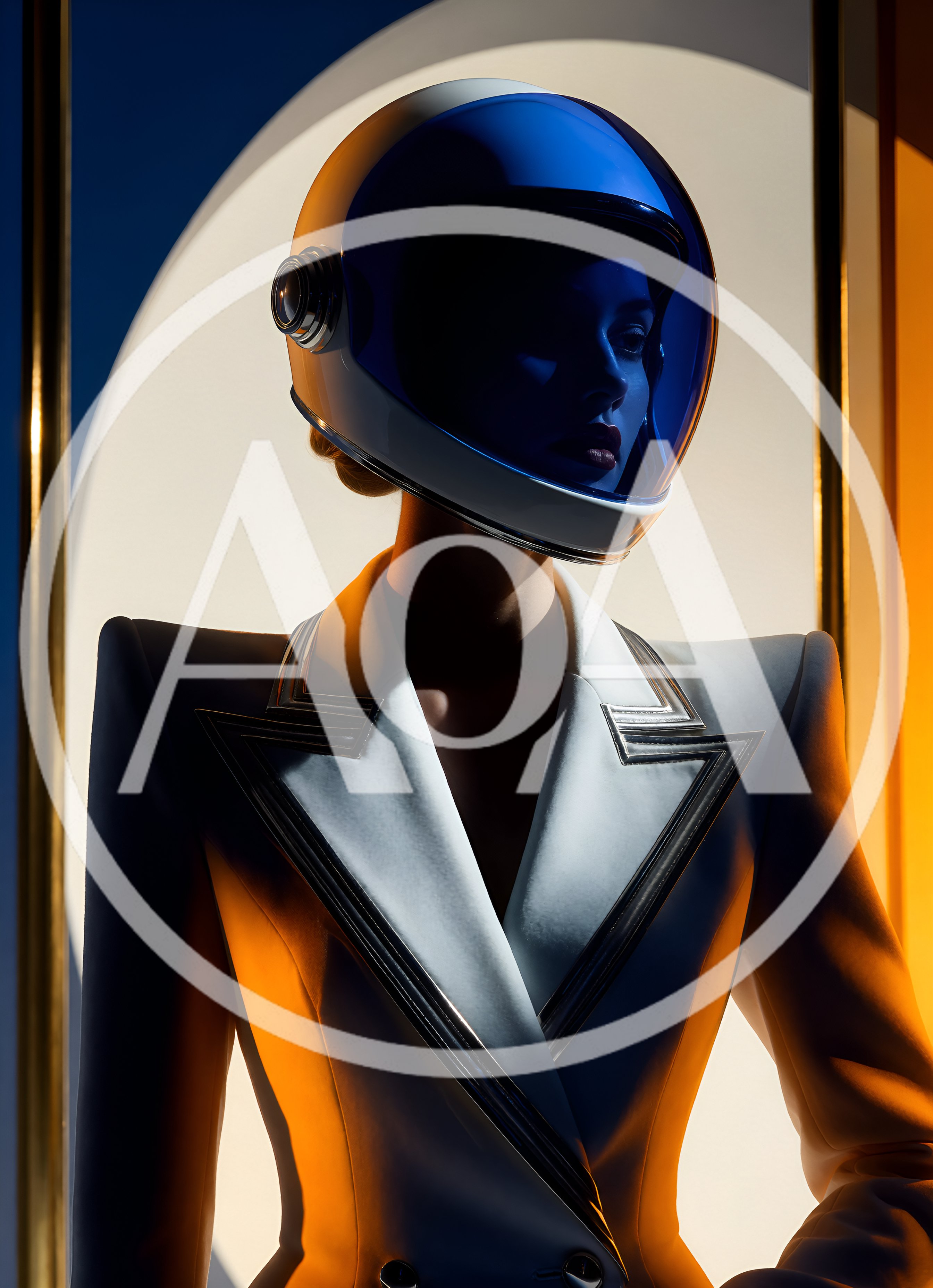 Futuristic Woman Wearing A White Space Helmet And Blazer