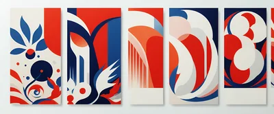 Abstract Geometric Art Panels With Red Blue And White