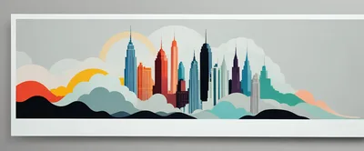 Abstract Minimalist Cityscape Illustration With Colorful Clouds