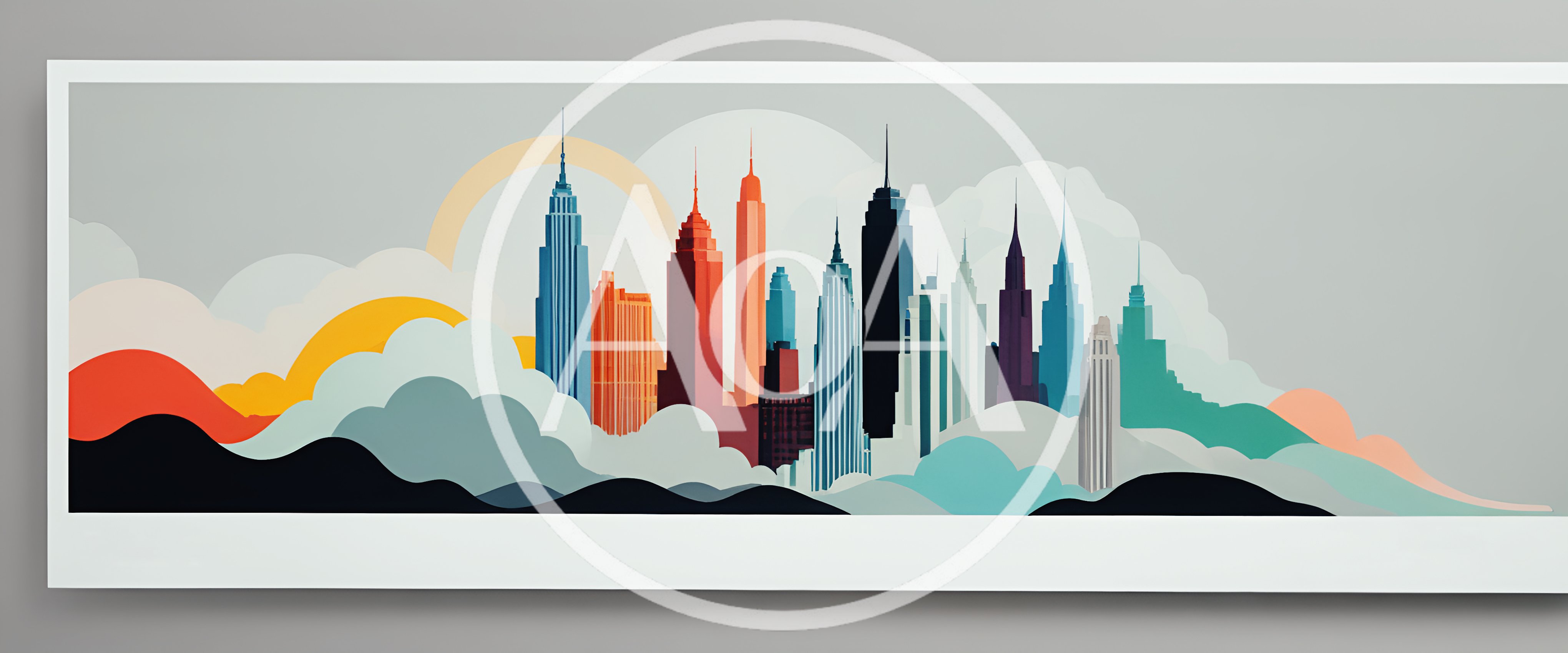 Abstract Minimalist Cityscape Illustration With Colorful Clouds