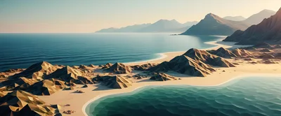 Low Poly Coastal Landscape With Mountains And Ocean