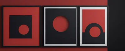 Three Minimalist Abstract Art Frames On Red Wall