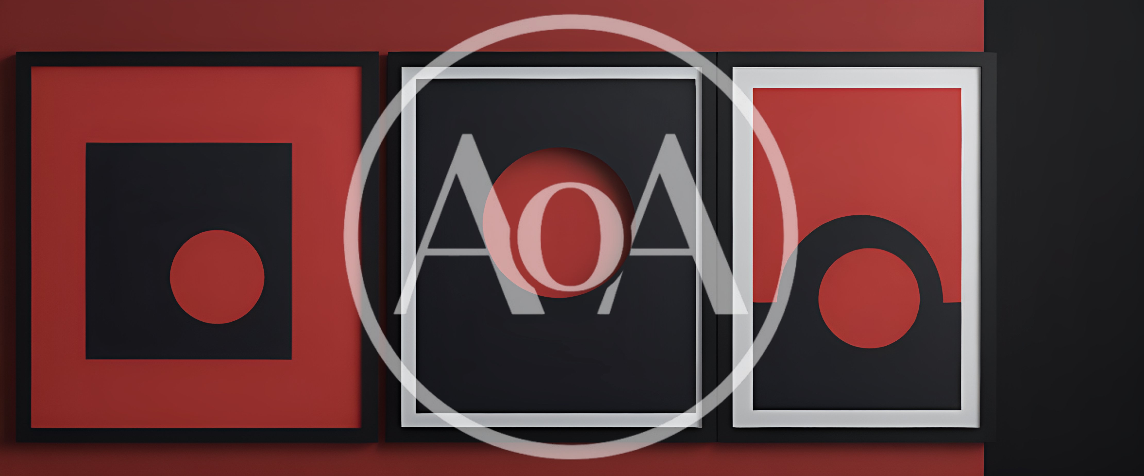 Three Minimalist Abstract Art Frames On Red Wall