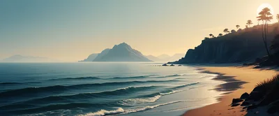 Serene Coastal Landscape With Mountains At Sunset