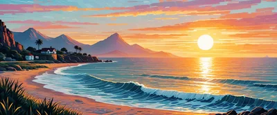 Scenic Coastal Sunset Landscape With Mountains And Beach
