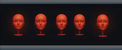 Five Identical Red Mannequin Heads On Pedestals