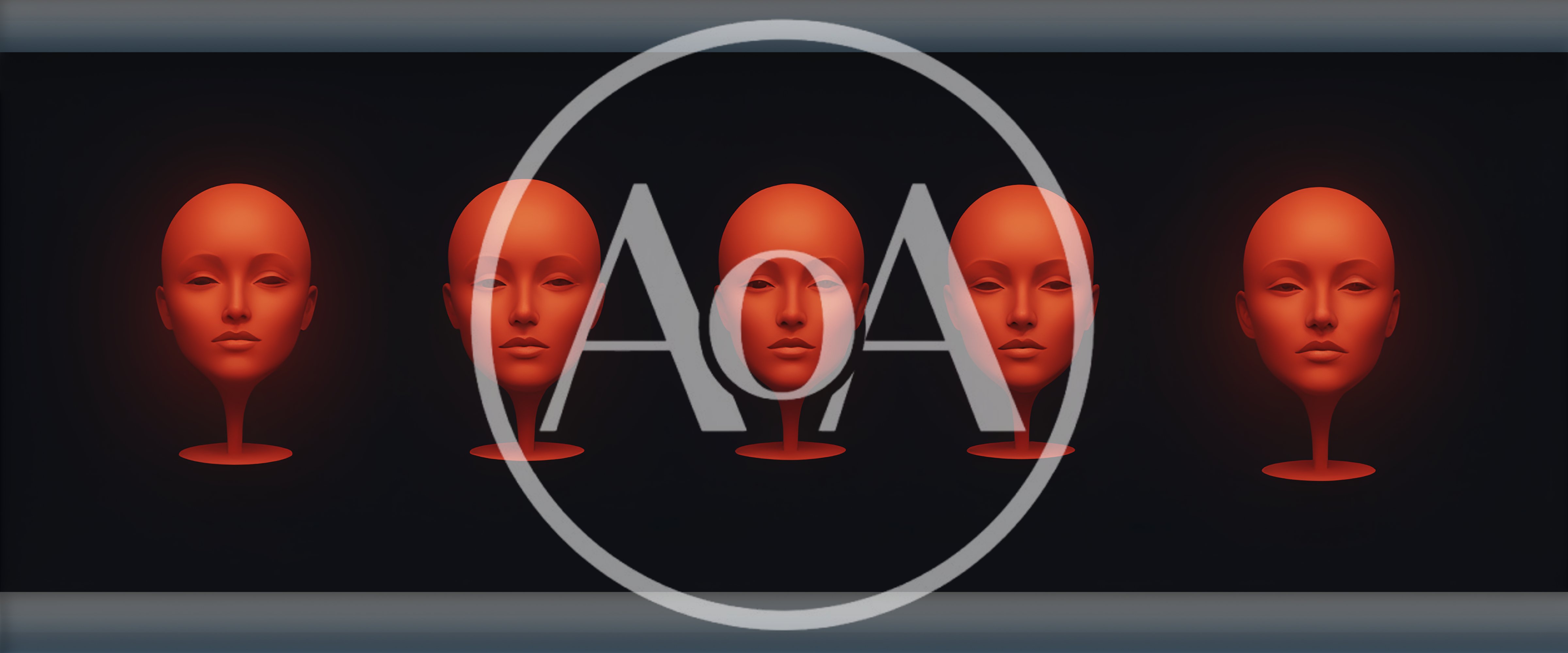 Five Identical Red Mannequin Heads On Pedestals