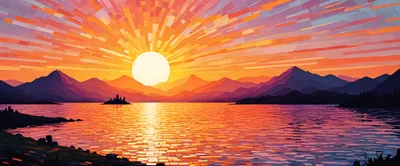 Abstract Mosaic Sunset Over Mountain Lake