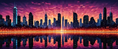 Futuristic City Skyline With Glowing Sunset Reflection
