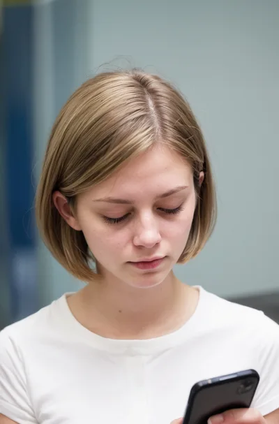 Young Woman Looking Down At Her Smartphone
