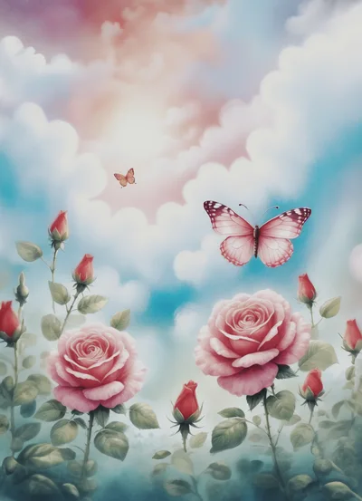 Pink Roses And Butterflies In Dreamy Sky