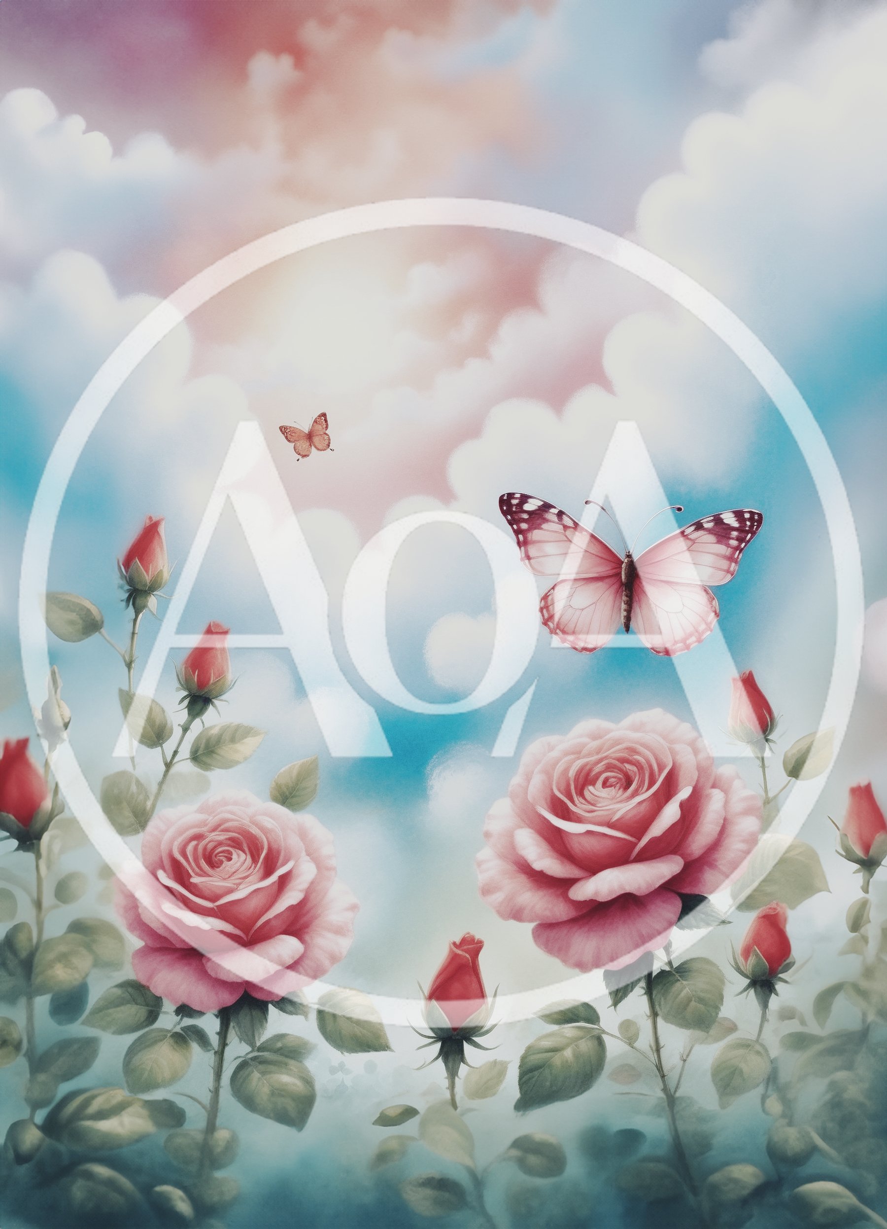 Pink Roses And Butterflies In Dreamy Sky