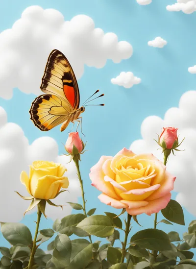 Yellow Butterfly Perched On A Rosebud