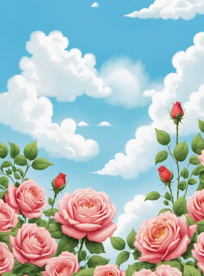 Pink Roses Against A Blue Sky With Clouds