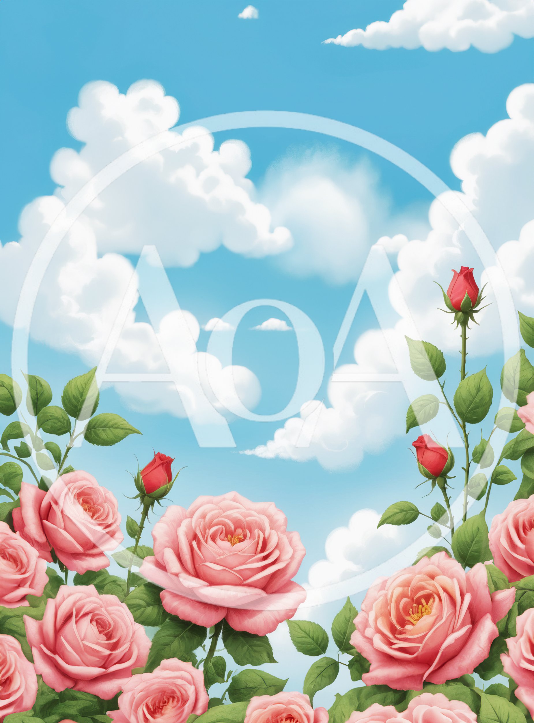 Pink Roses Against A Blue Sky With Clouds