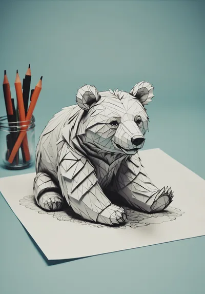 Papercraft Geometric Bear Sculpture On Drawing Paper