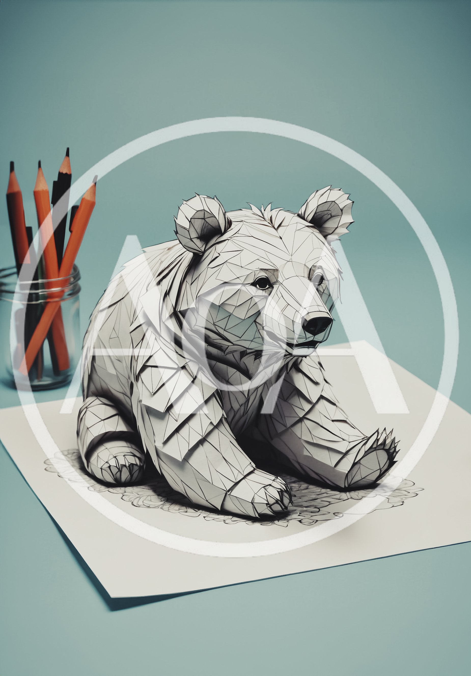 Papercraft Geometric Bear Sculpture On Drawing Paper