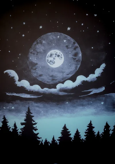 Hand Drawn Illustration Of A Full Moon Over Forest