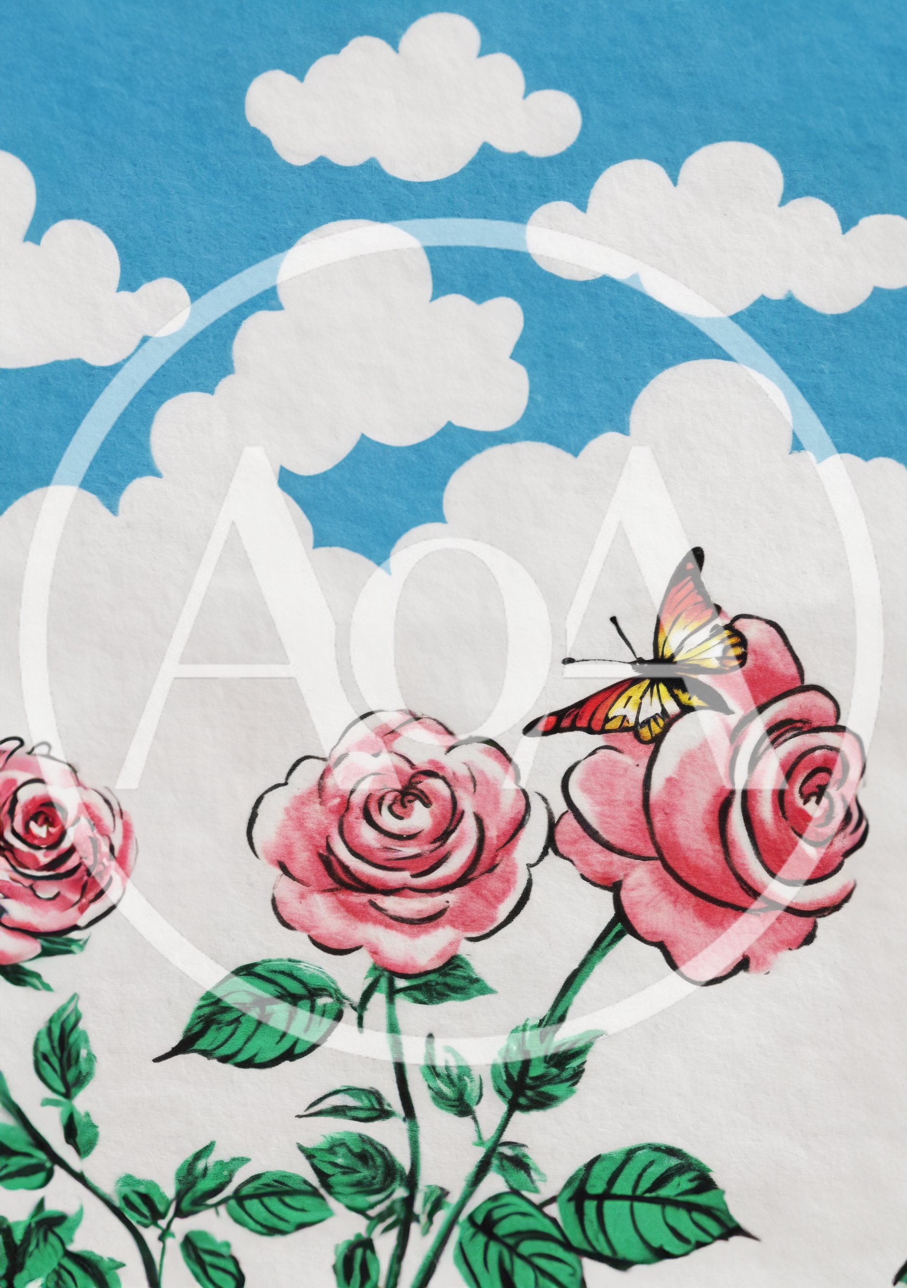 Watercolor Illustration Of Pink Roses And Butterfly