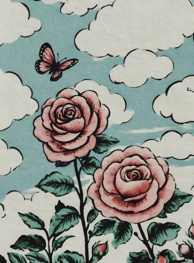 Illustration Of Pink Roses And Butterfly Against Blue Sky