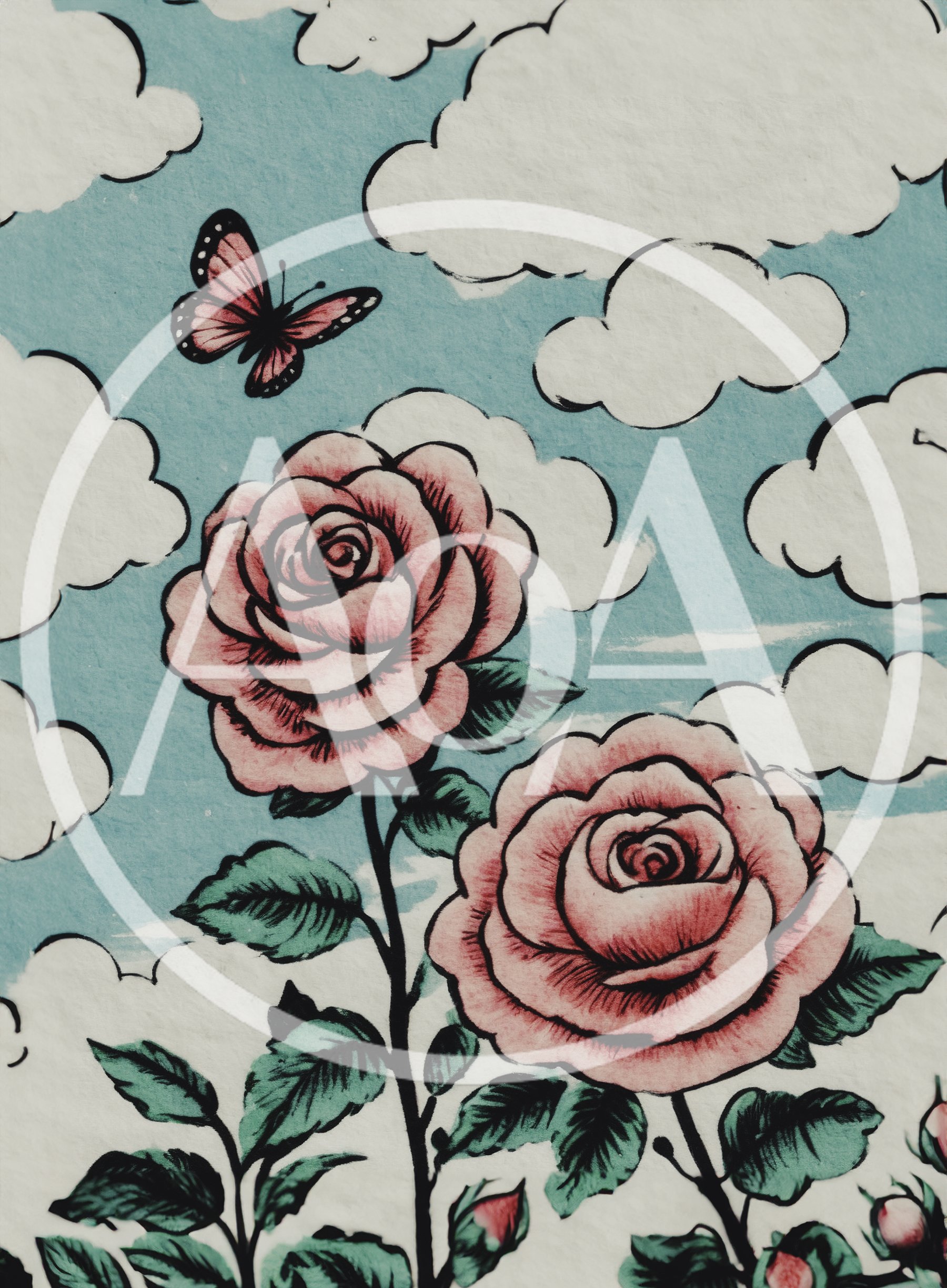Illustration Of Pink Roses And Butterfly Against Blue Sky