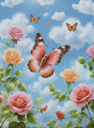 Pink Butterfly Flying Among Roses Against Blue Sky