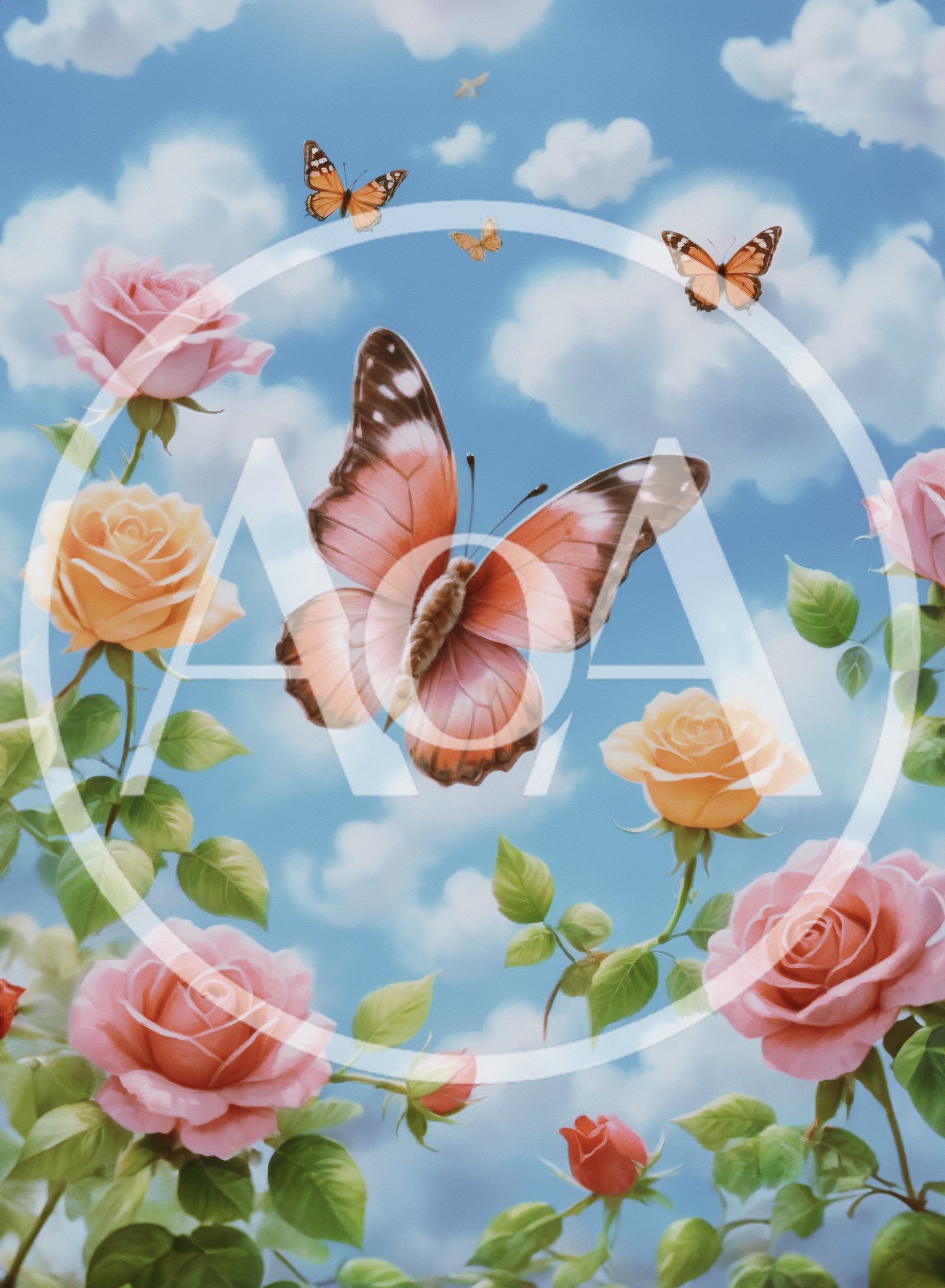 Pink Butterfly Flying Among Roses Against Blue Sky