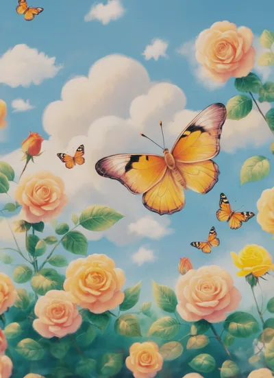 Yellow Butterflies Flying Among Blooming Peach Roses