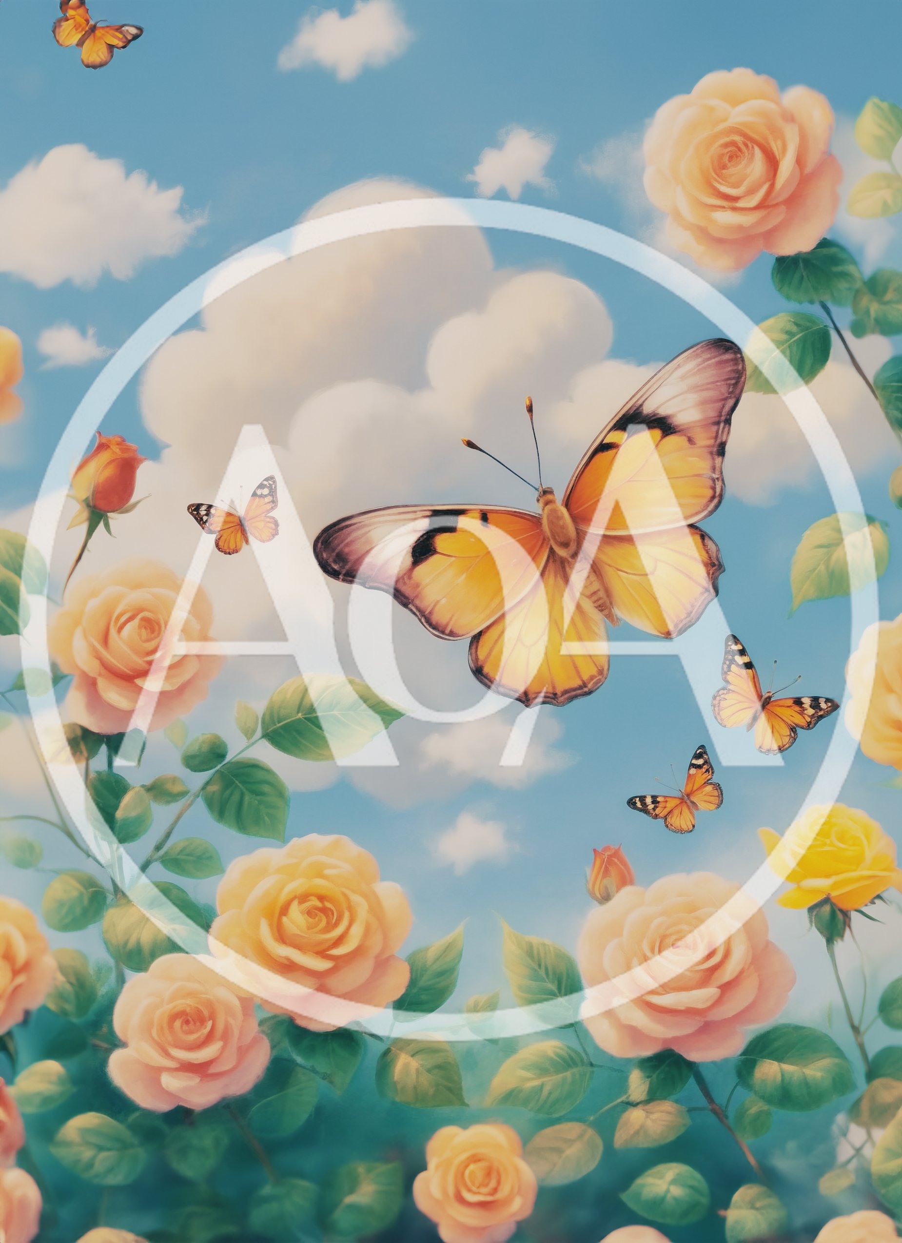 Yellow Butterflies Flying Among Blooming Peach Roses