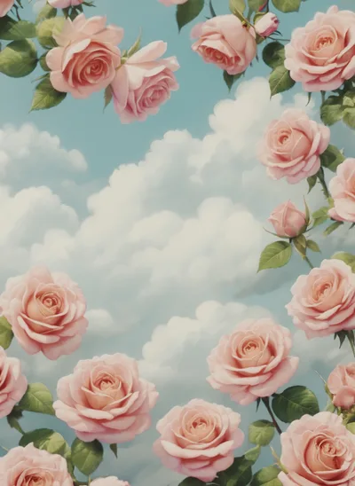 Pink Roses Floating Against A Cloudy Blue Sky