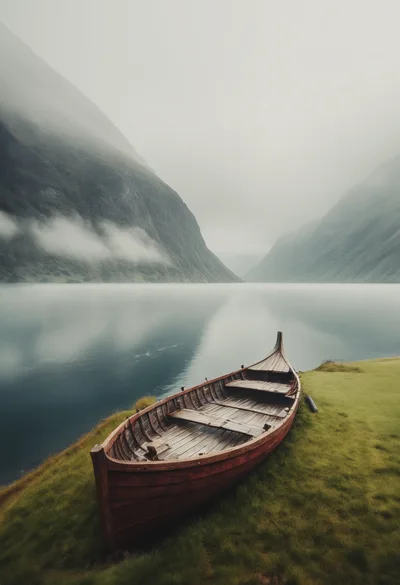 Wooden Viking Boat Resting On A Grassy Fjord Shore
