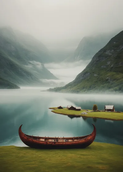 Viking Longship Resting On A Grassy Fjord Shore