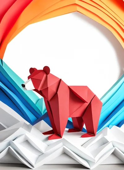 Origami Red Bear Standing On Paper Mountains
