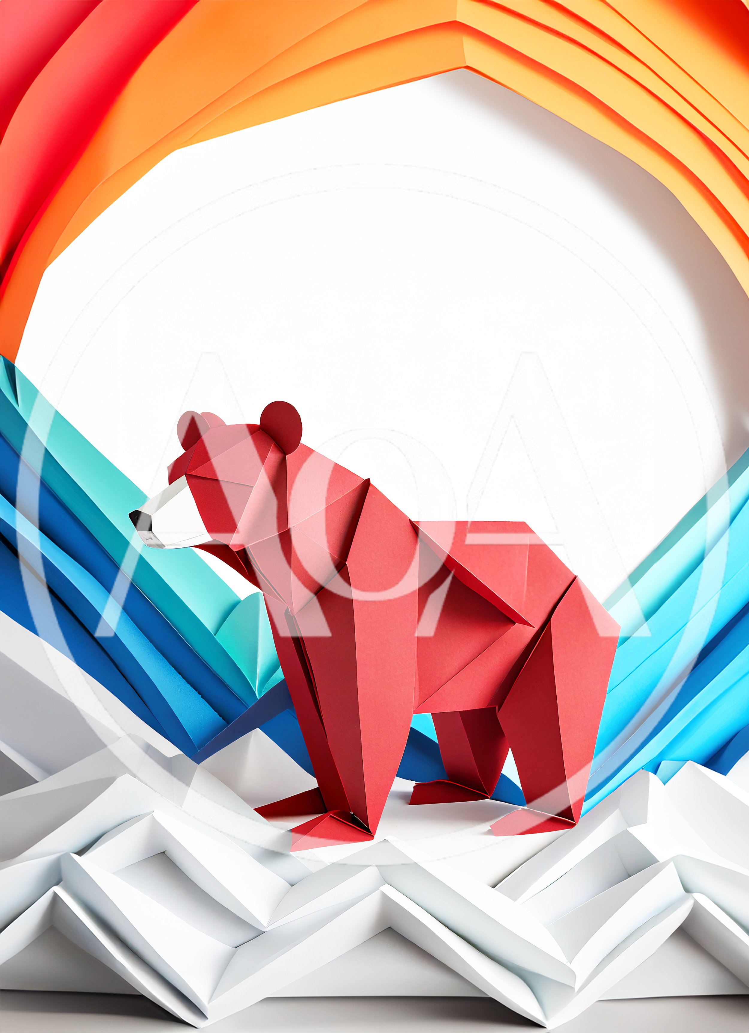Origami Red Bear Standing On Paper Mountains
