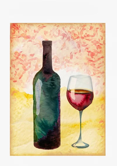Watercolor Illustration Of A Wine Bottle And Glass