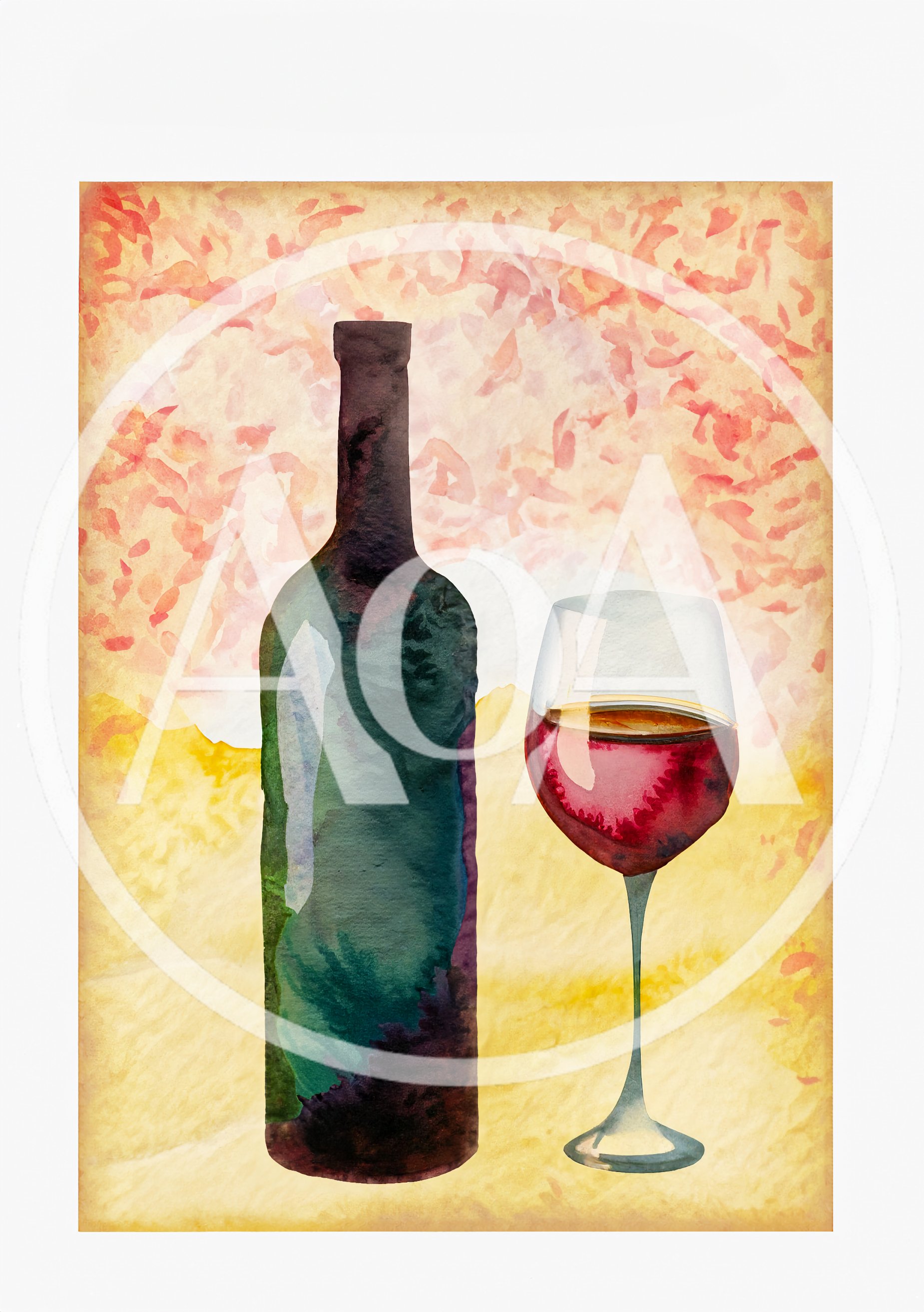 Watercolor Illustration Of A Wine Bottle And Glass